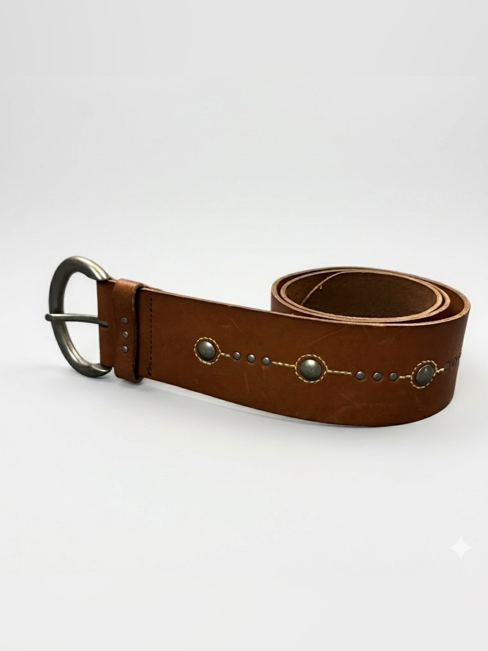 Fossil Boho Hippie Belt Brown Medium Leather Studded Tooled Grommet Vintage Y2K
